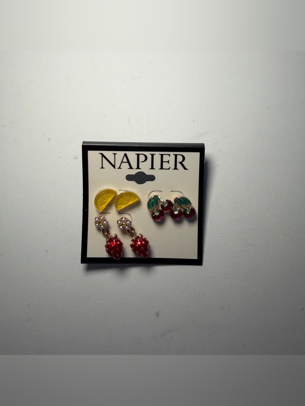 Napier lemon, strawberry, and cherries earrings